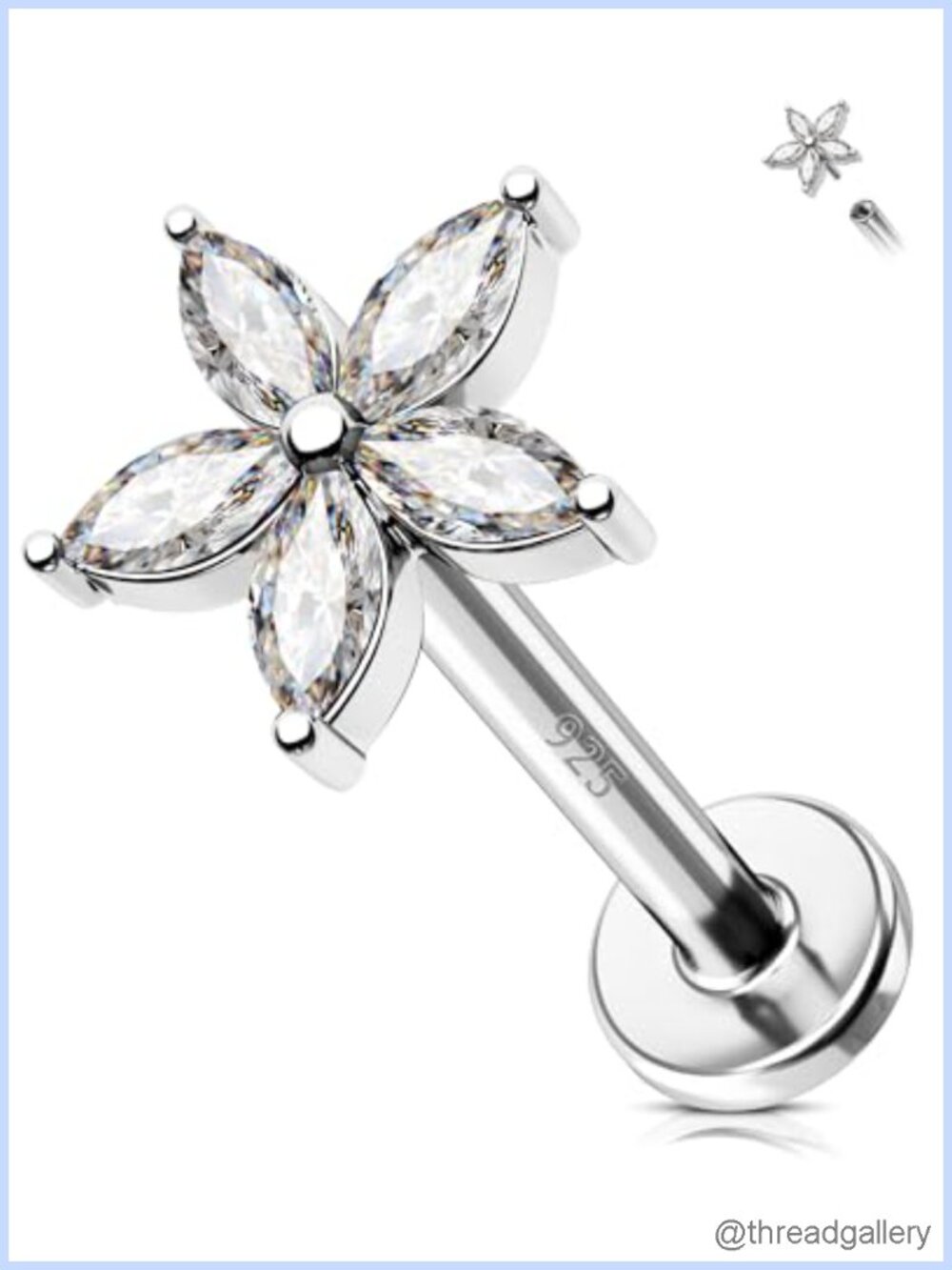 925 Sterling Silver Flower Flat Back Stud Earrings 16g Internally Threaded